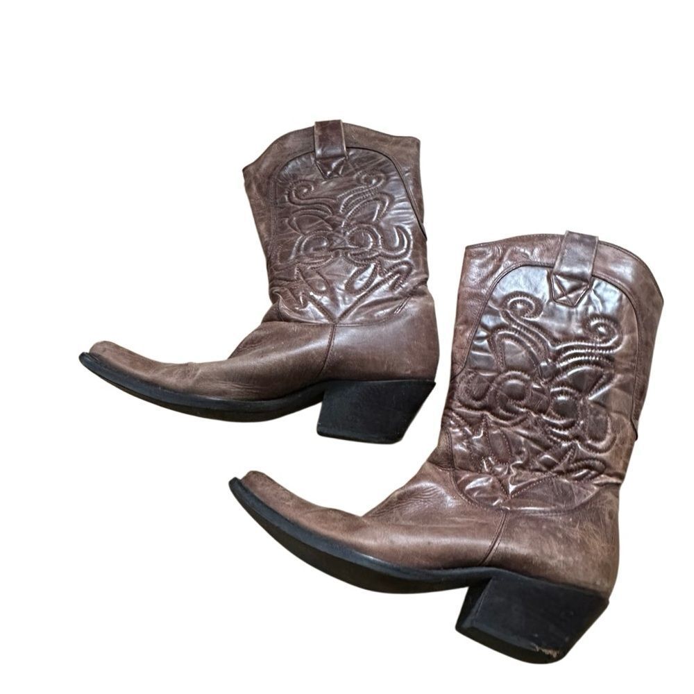 Embroidered Brown Leather Heeled Boots
